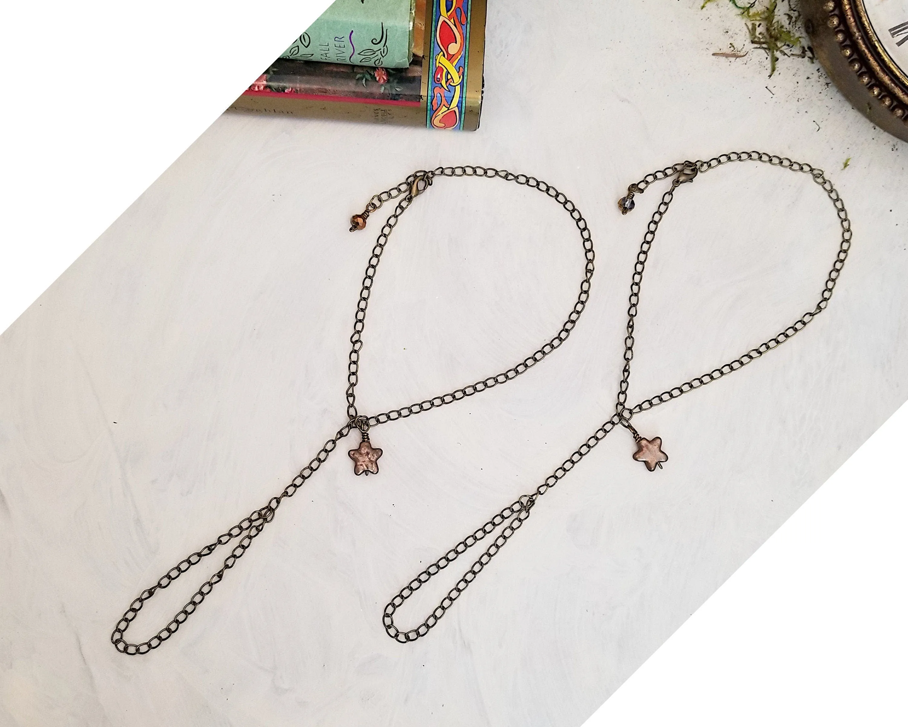 Chain Barefoot Sandals, Pair, Antique Bronze, with Stars, Lobster Clasp, Adjustable