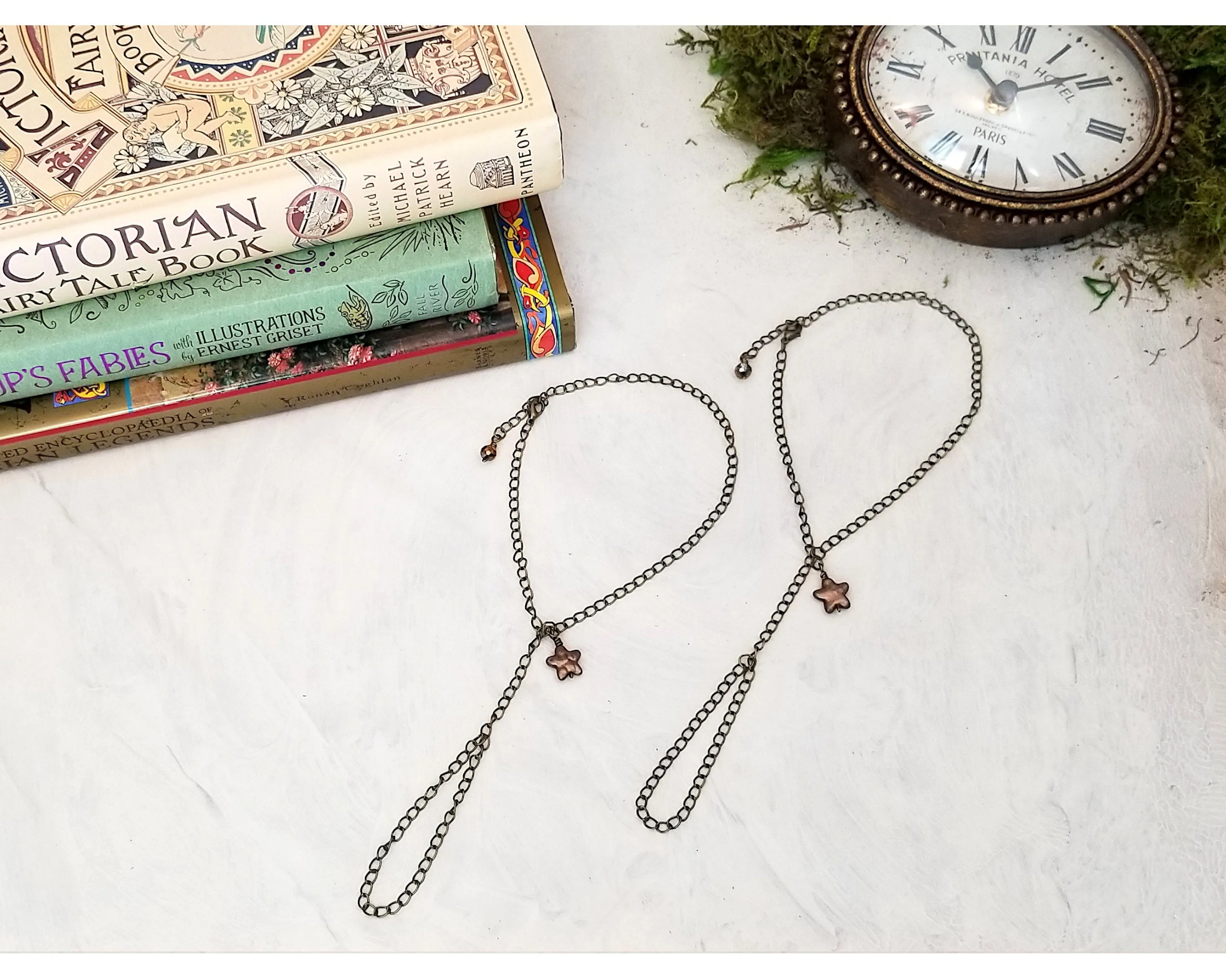 Chain Barefoot Sandals, Pair, Antique Bronze, with Stars, Lobster Clasp, Adjustable