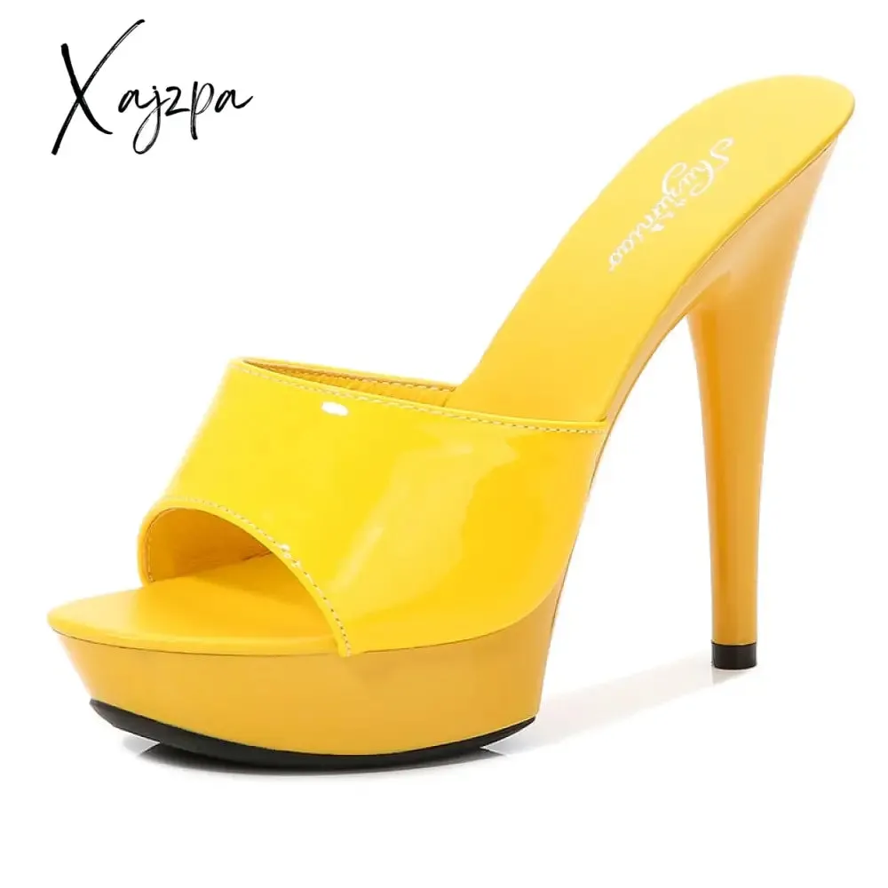 Xajzpa - 2023 Summer Woman Slipper Fine Heel 13cm Slipper Waterproof Slides Sandal Platform Bottom Sexy Pumps for Female LFD